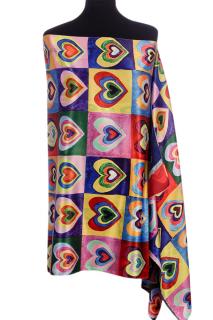 Esarfa dreptunghiulara cu doua fete, din matase, cu inimi multicolore dupa Kandinski