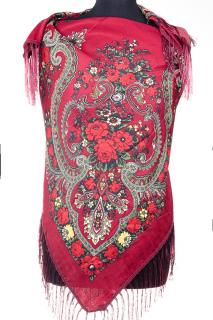 Esarfa gipsy patrata mare, tip Pavlovo Posad cu imprimeu floral traditional pe fond bordo