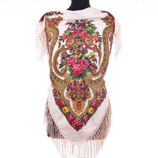 Esarfa gipsy patrata mare, tip Pavlovo Posad cu imprimeu floral traditional pe fond ivory