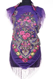 Esarfa gipsy patrata mare, tip Pavlovo Posad cu imprimeu floral traditional pe fond mov