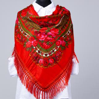 Esarfa gipsy patrata mare, tip Pavlovo Posad cu imprimeu floral traditional pe fond rosu