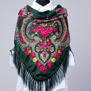 Esarfa gipsy patrata mare, tip Pavlovo Posad cu imprimeu floral traditional pe fond verde gucci