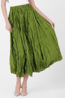 Fusta lunga, ampla, creponata, lucios-satinata, verde olive