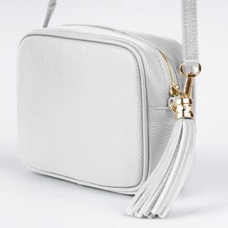 Geanta crossbody alba din piele naturala, cu ciucure din piele