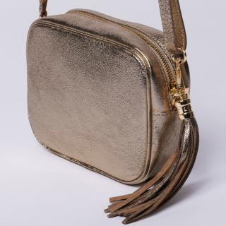 Geanta crossbody aurie inchis din piele naturala, cu ciucure din piele
