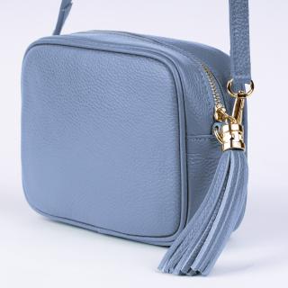 Geanta crossbody bleu din piele naturala, cu ciucure din piele