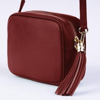 Geanta crossbody bordo din piele naturala, cu ciucure din piele