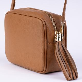 Geanta crossbody camel din piele naturala, cu ciucure din piele