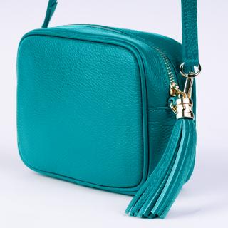 Geanta crossbody turcoaz din piele naturala, cu ciucure din piele
