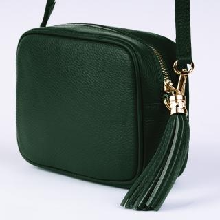 Geanta crossbody verde inchis din piele naturala, cu ciucure din piele