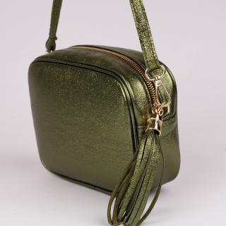 Geanta crossbody  verde metalizat din piele naturala, cu ciucure din piele