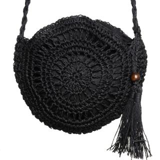 Geanta mica impletita crossbody, circulara cu ciucure decorativ, negru