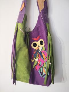 Geanta sac din piele naturala mov si olive ,cu bufnita ,unicat