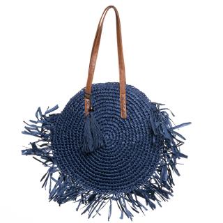 Geanta shopper circulara mare impletita, cu franjuri mari decorativi, bleumarin