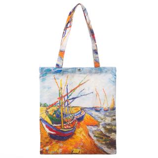 Geanta shopper din material textil, cu imprimeu inspirat din pictura   Barci pe plaja   a lui Vincent Van Gogh
