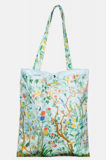 Geanta shopper din material textil satinat, cu imprimeu floral cu pasari