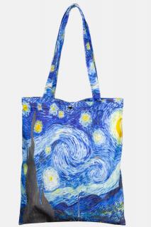 Geanta shopper din material textil satinat, cu imprimeu inspirat din pictura    Noapte Instelata   a lui Vincent Van Gogh