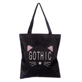 Geanta shopper neagra din material textil, cu imprimeu grafic pisica Gothic