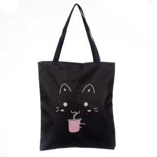 Geanta shopper neagra din material textil, cu imprimeu grafic pisicuta cu roz