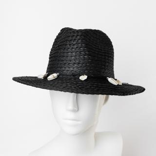Palarie de paie impletita cu decoratiune din scoici, neagra