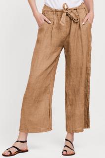Pantaloni din in, cu cordon in talie, camel