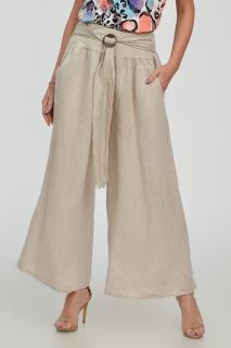 Pantaloni drepi, largi, de vara, din in, cu accesoriu de lemn, bej