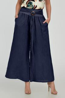 Pantaloni drepi, largi, de vara, din in, cu accesoriu de lemn, bleumarin