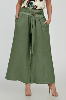Pantaloni drepi, largi, de vara, din in, cu accesoriu de lemn, kaki