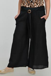 Pantaloni drepi, largi, de vara, din in, cu accesoriu de lemn, negri