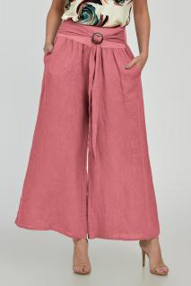 Pantaloni drepi, largi, de vara, din in, cu accesoriu de lemn, roz inchis