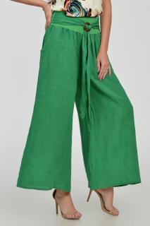 Pantaloni drepi, largi, de vara, din in, cu accesoriu de lemn, verzi