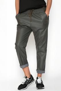 Pantaloni lungi kaki din piele ecologica cu snur in talie