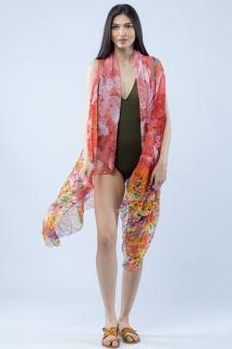 Pareo plaja din material plisat matasos si usor, imprimeu floral multicolor pe fond corai