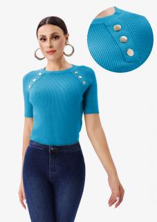 Pulover cu maneca scurta si nasturi metalici decorativi, albastru