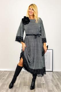 Rochie A-line cu lurex argintiu, plisata cu maneca clopot si terminatie dantela