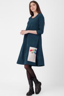 Rochie  A line , din material catifelat, turcoaz inchis, cu aplicatie color