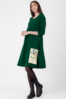 Rochie  A line , din material catifelat, verde inchis, cu aplicatie color