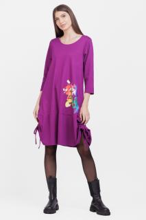 Rochie  A line , din tricot, cu sireturi laterale, magenta cu imprimeu flori stilizate