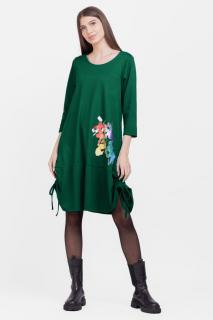 Rochie  A line , din tricot, cu sireturi laterale, verde cu imprimeu flori stilizate