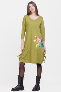 Rochie  A line , din tricot, cu sireturi laterale, verde olive cu imprimeu flori stilizate