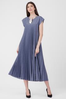 Rochie A-line lunga, plisata, din stofa fina, albastru jeans