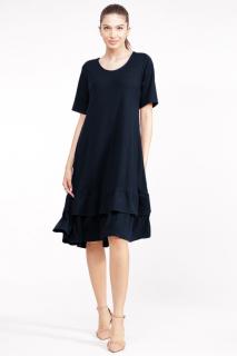 Rochie  A line  midi, cu doua volane poale, din bumbac bleumarin