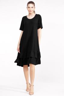 Rochie  A line  midi, cu doua volane poale, din bumbac neagra