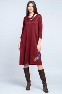 Rochie  A line  midi, din jerseu moale cu imprimeu pana, bordo