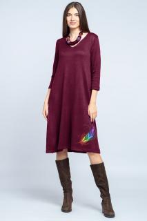 Rochie  A line  midi, din jerseu moale cu imprimeu pana, visinie