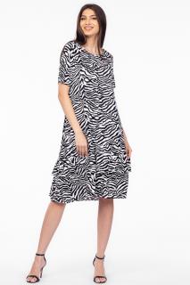 Rochie  A line  midi, din vascoza cu imprimeu animal print alb-negru si doua volane poale