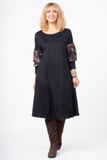 Rochie  A line  midi, neagra, cu maneci bufante imprimate cu forme circulare multicolore