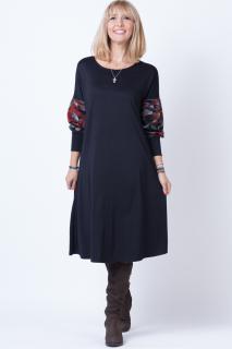 Rochie  A line  midi, neagra, cu maneci bufante imprimate cu pene multicolore pe mustar