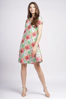 Rochie  A line  midi, silky, cu imprimeu floral rosu si verde