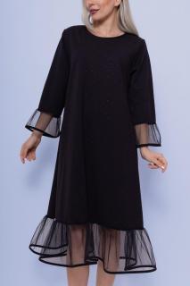 Rochie A-line neagra cu strasuri fine, midi, cu volane din tull la maneci si poale
